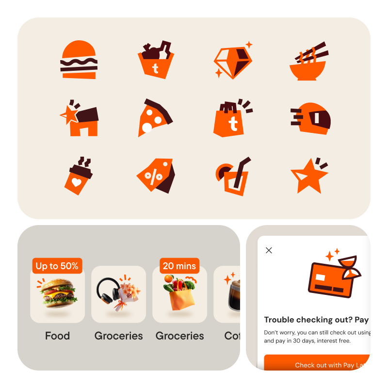 Icon and illustration samples: bold orange food and delivery icons, food category tiles and a pay-later card illustration