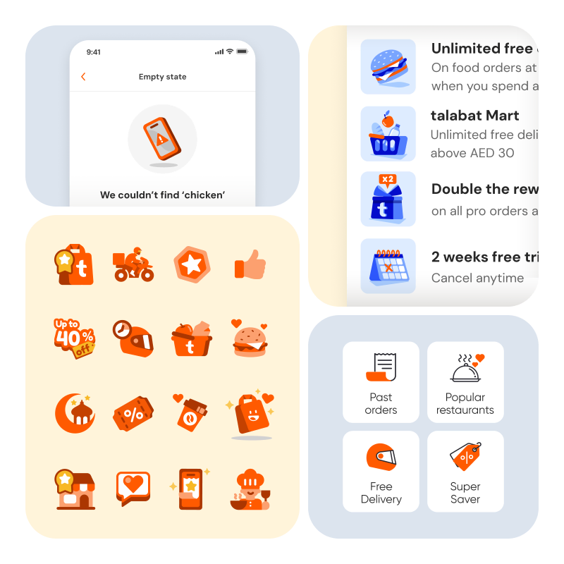 Icon and illustration samples: an empty-state phone, illustrated orange icons for offers, rewards and delivery, membership perks and line icons