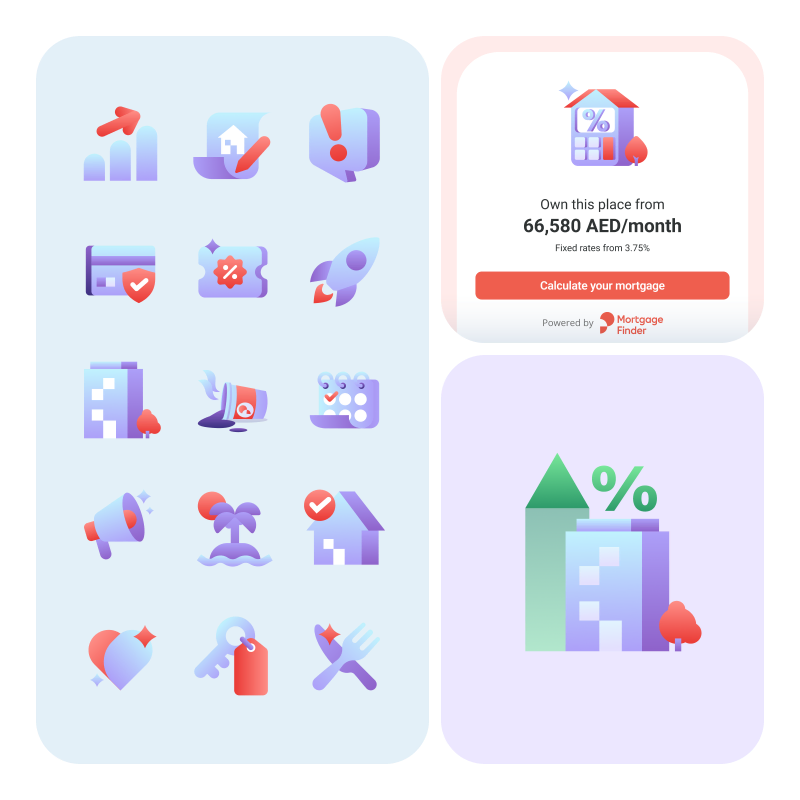 Icon and illustration samples: gradient property icons, a mortgage calculator card and a building scene with a percent sign
