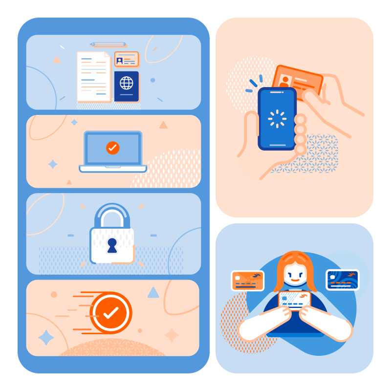 Product illustration samples: documents and a passport, a verified laptop, a padlock, a phone scanning an ID card and a woman holding a bank card