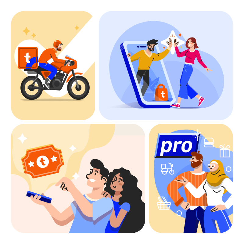 Product illustration samples: a delivery rider, a high five through a phone, a voucher and a membership scene