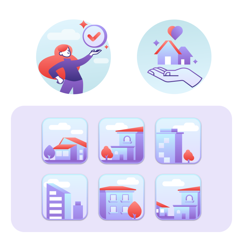 Product illustration samples: a woman catching a verified tick, a hand holding a home under a heart, and a set of six house and building scenes