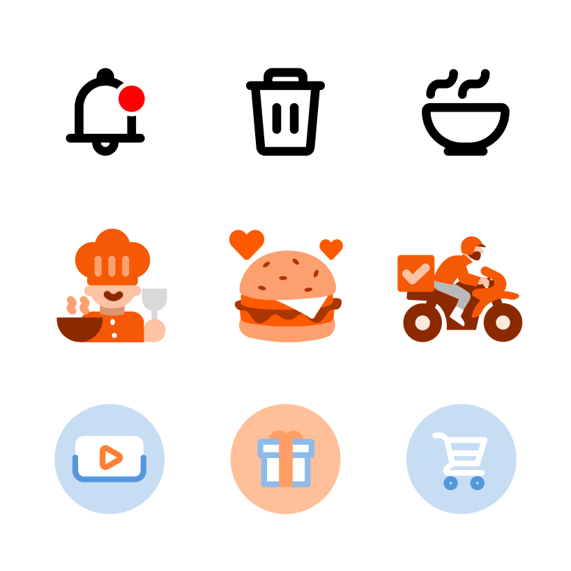 Icon samples: line, filled and circled icons for alerts, food, delivery and shopping