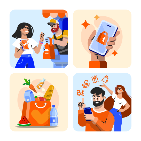 Product illustration samples: people ordering and shopping in a delivery app